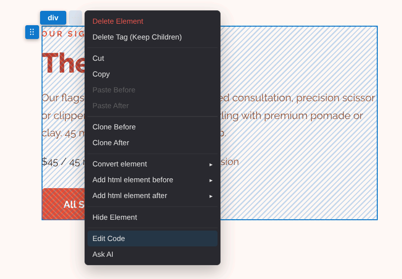 HTML code editor Right Click screenshot placeholder